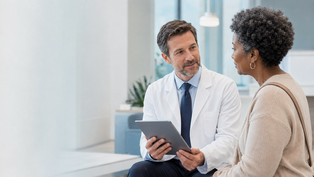 Doctor speaking with a patient in a welcoming office